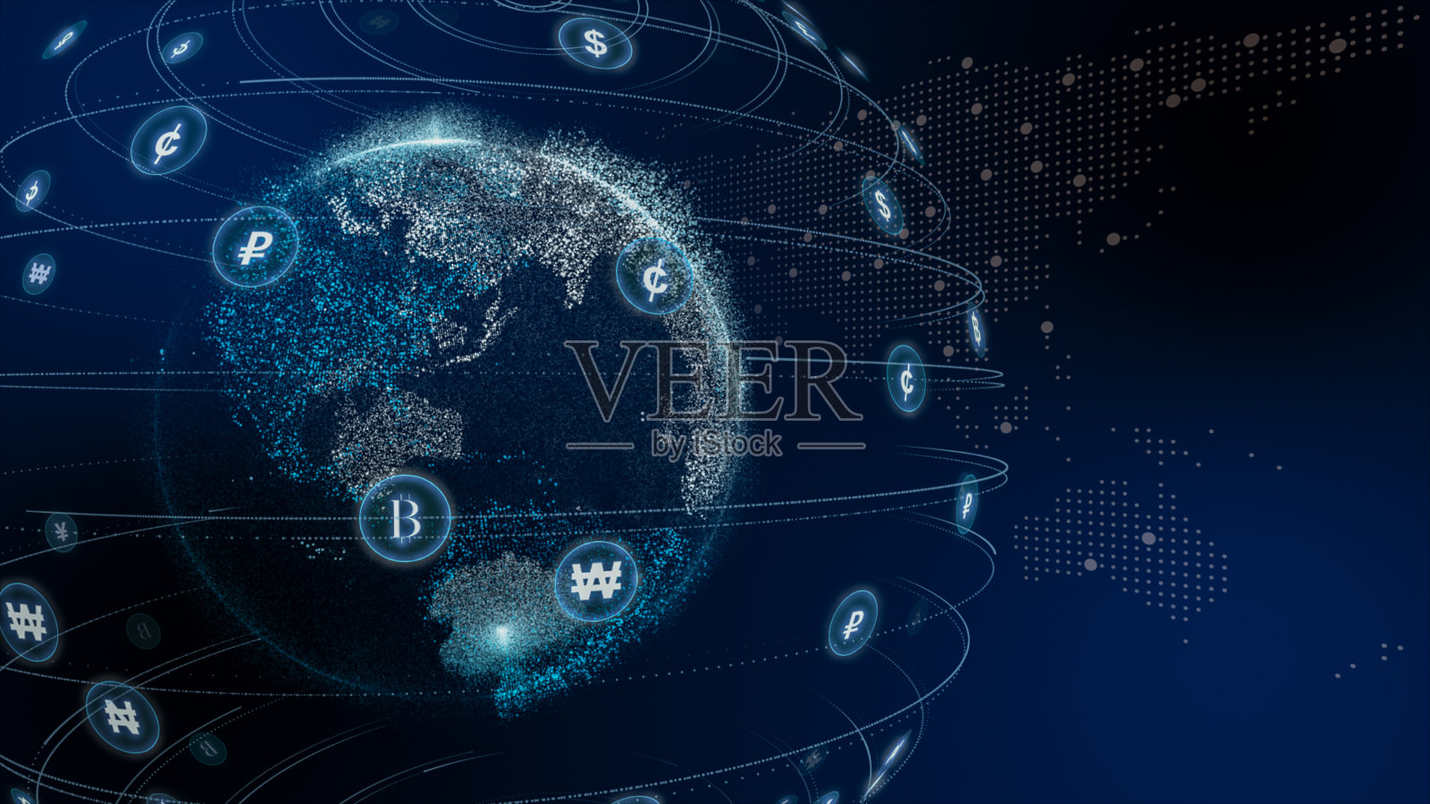 股票市场分析和股票交易，货币符号，商业图表和全球资金转移。3 d演示。照片摄影图片