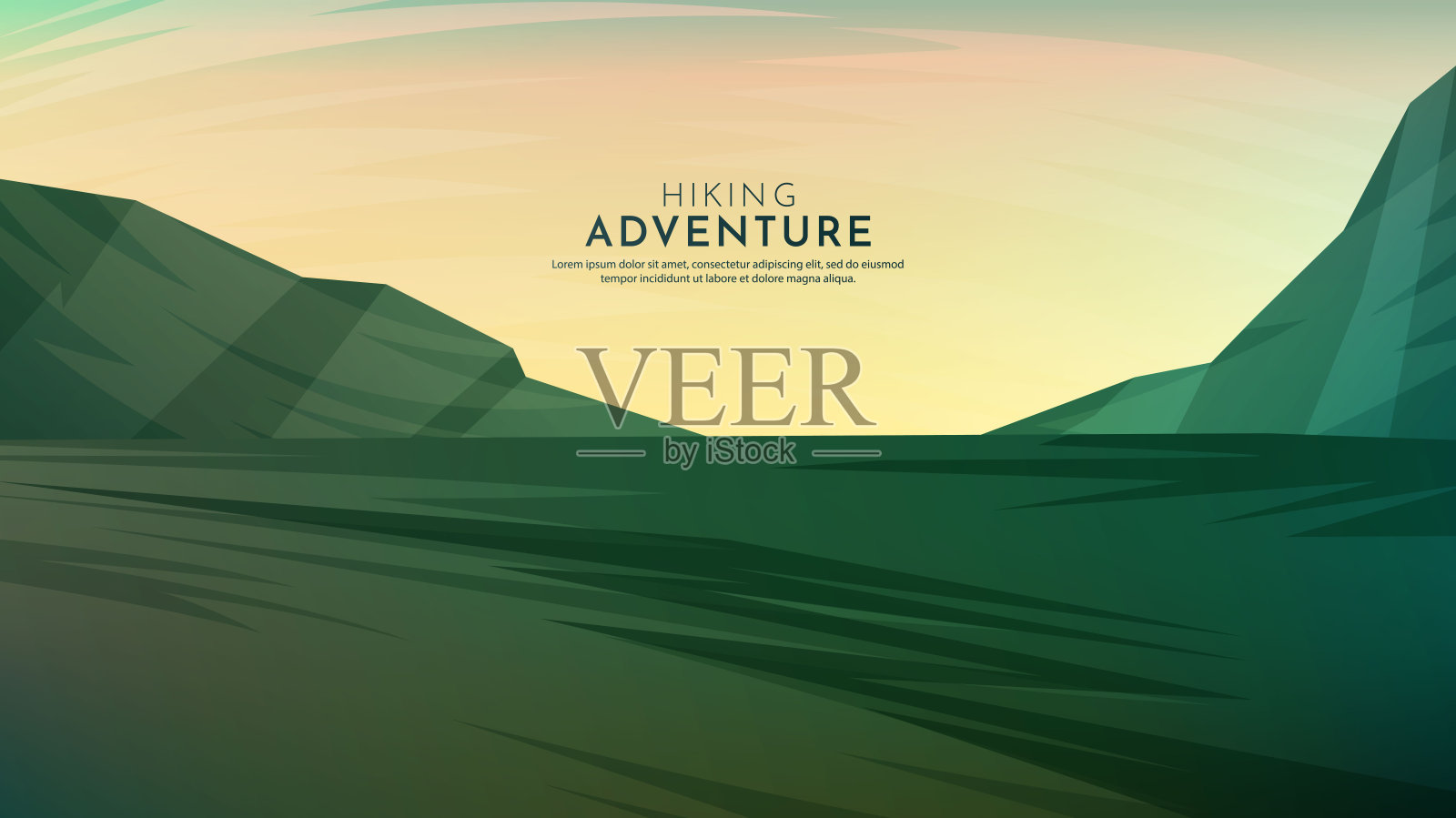 矢量插图。极简主义的多边形设计。自然景观背景。全景。网页横幅设计元素，网站模板。卡通平的风格。草原和群山。日出场景插画图片素材