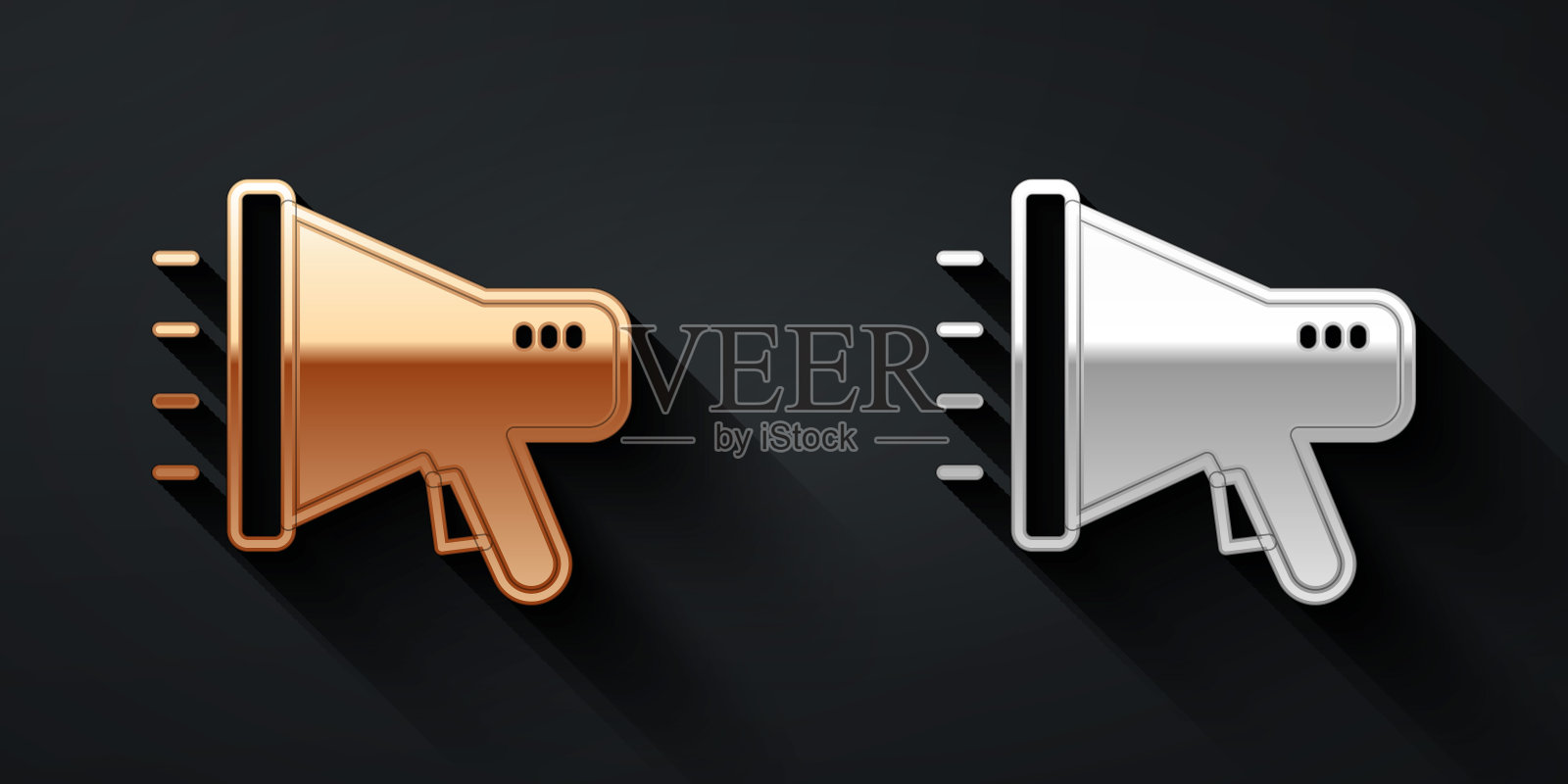 金色和银色的扩音器图标孤立在黑色背景上。演讲者的迹象。长长的阴影风格。向量图标素材