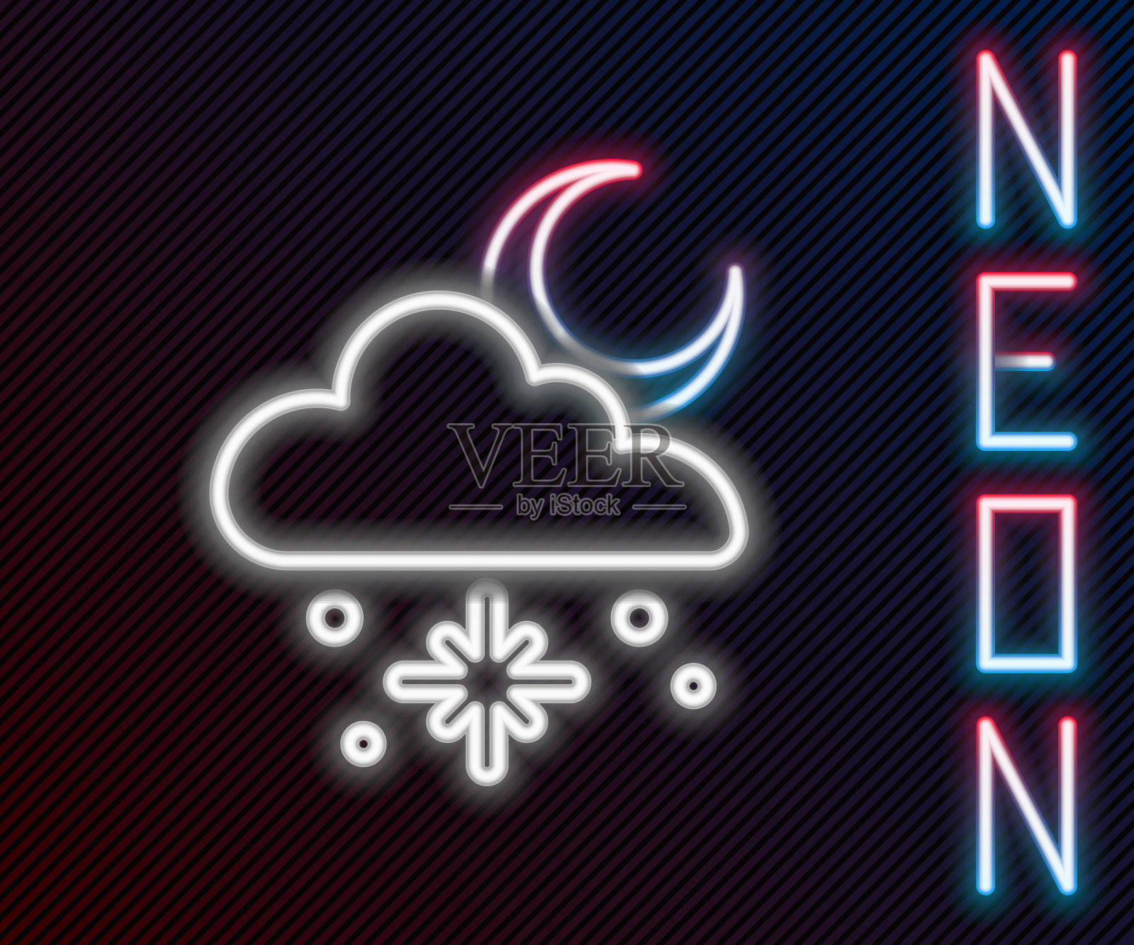 发光的霓虹线云与雪和太阳图标孤立在黑色背景。云与雪花。单一的天气图标。下雪的迹象。色彩斑斓的轮廓的概念。向量插画图片素材