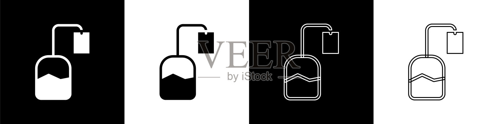 设置茶包图标孤立在黑白背景上。向量图标素材