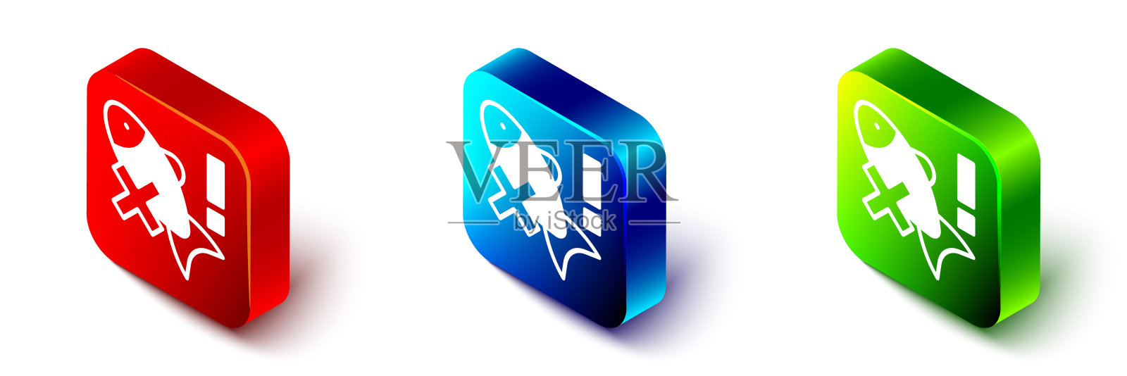 在白色背景上没有孤立的鱼图标。红色、蓝色和绿色方形按钮。向量图标素材