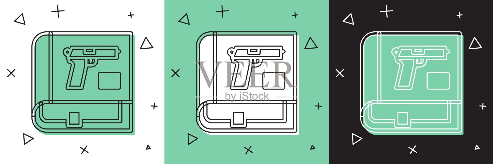 集书手枪或枪图标孤立在白色和绿色，黑色背景。警用或军用手枪。小型武器。武器目录。向量插画图片素材