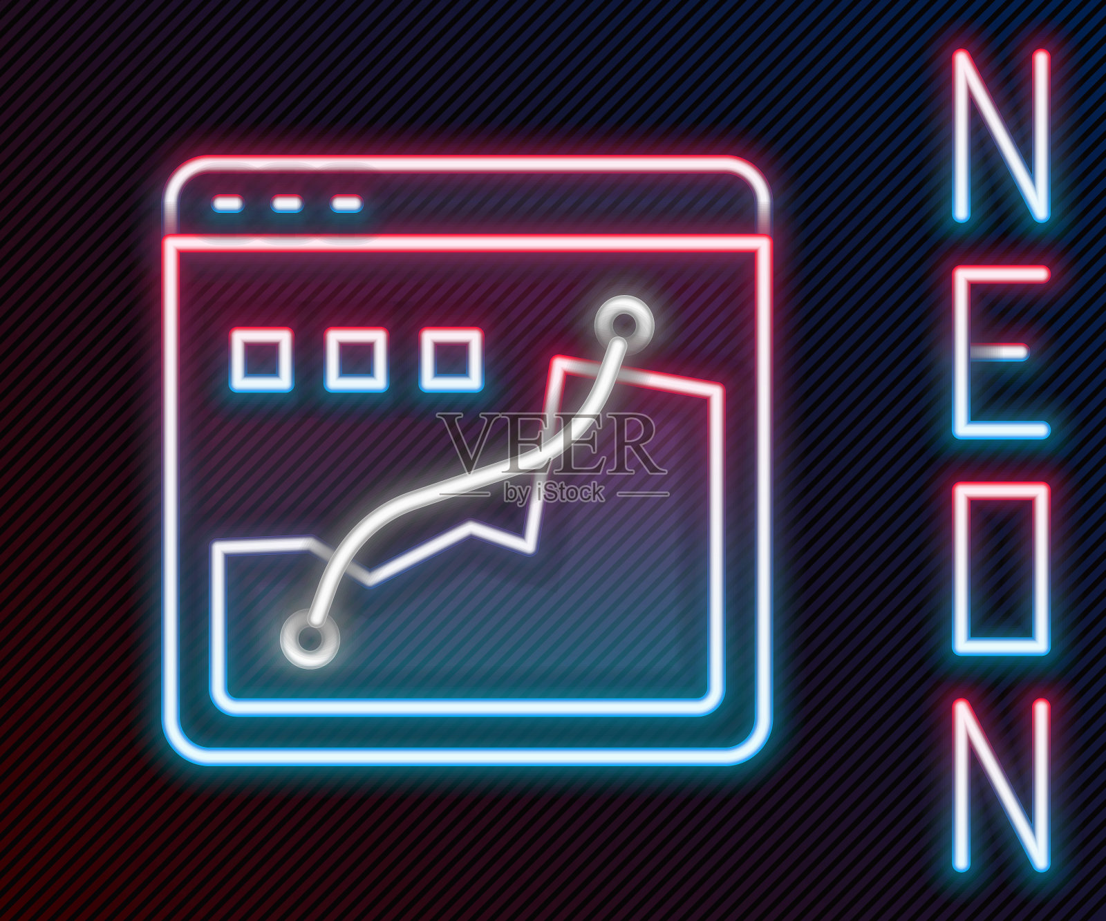 发光霓虹线直方图摄影图标孤立在黑色背景上。色彩斑斓的轮廓的概念。向量插画图片素材