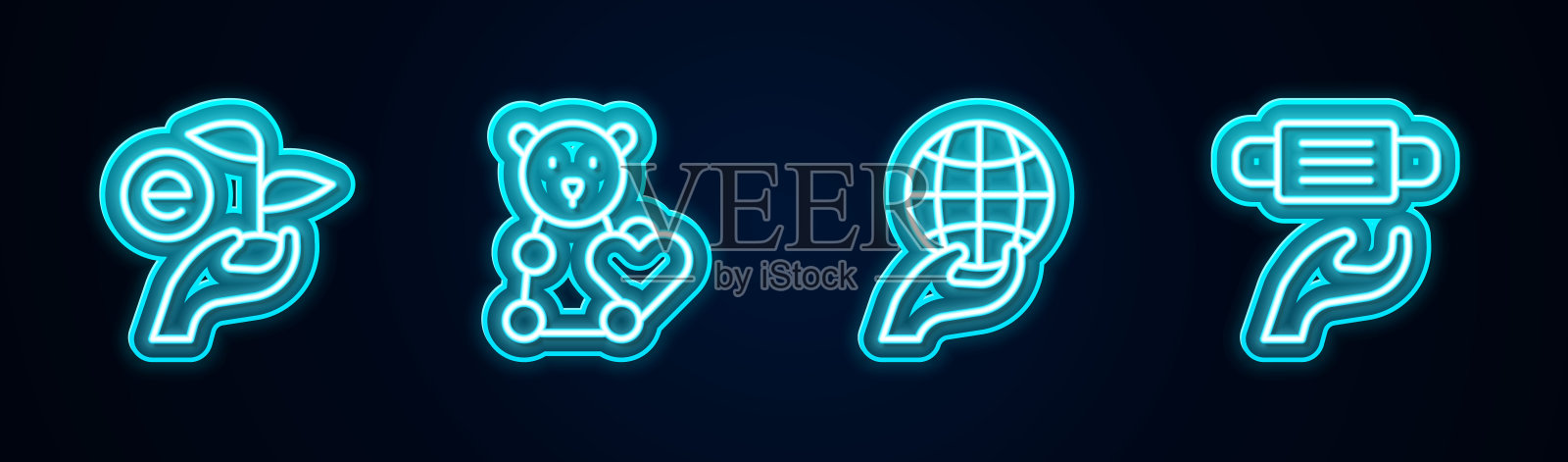 手牵叶线，捐赠儿童玩具，手持地球仪和医用防护口罩。发光的霓虹灯图标。向量插画图片素材