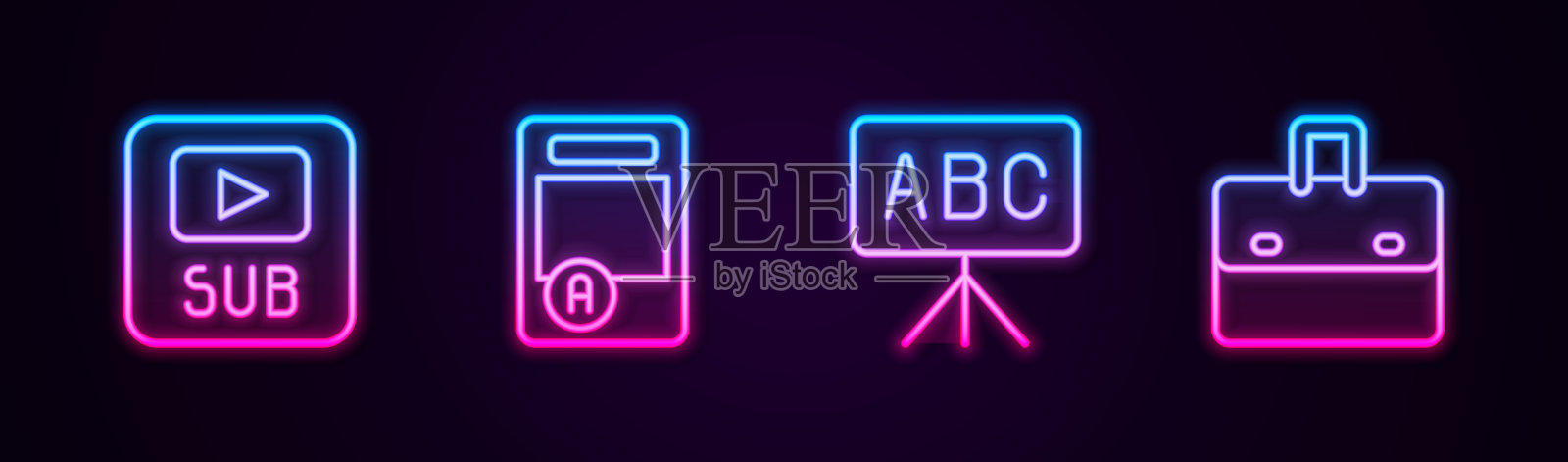 设置线视频字幕，考试表A +等级，黑板和公文包。发光的霓虹灯图标。向量插画图片素材