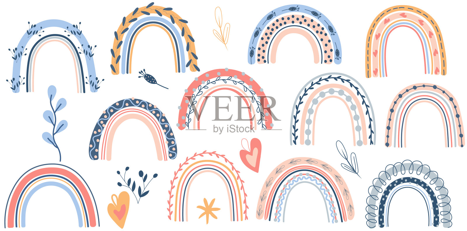 一组彩色的彩虹。波希米亚彩虹适合孩子、海报、包、明信片、t恤、印刷品等。可爱的矢量图标。插画图片素材