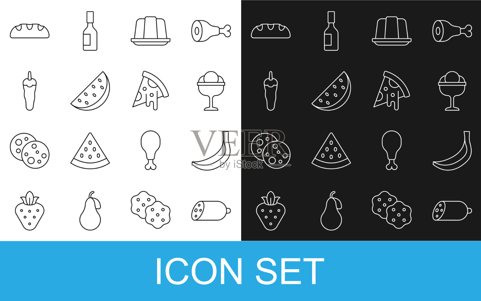 设置行腊肠，香肠，香蕉，冰淇淋在图标素材