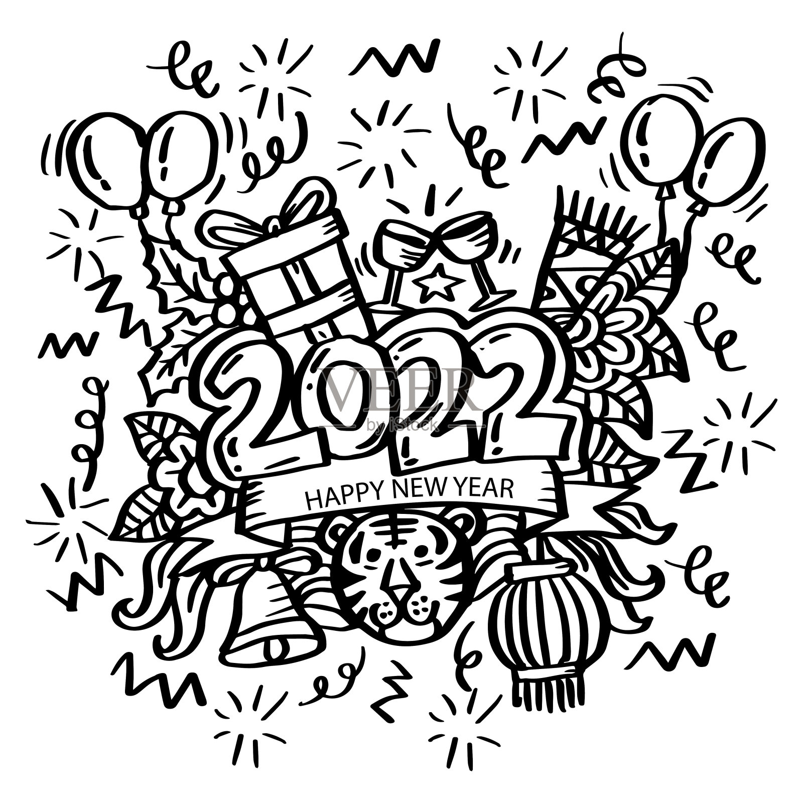 象征新年2022的涂鸦插画图片素材