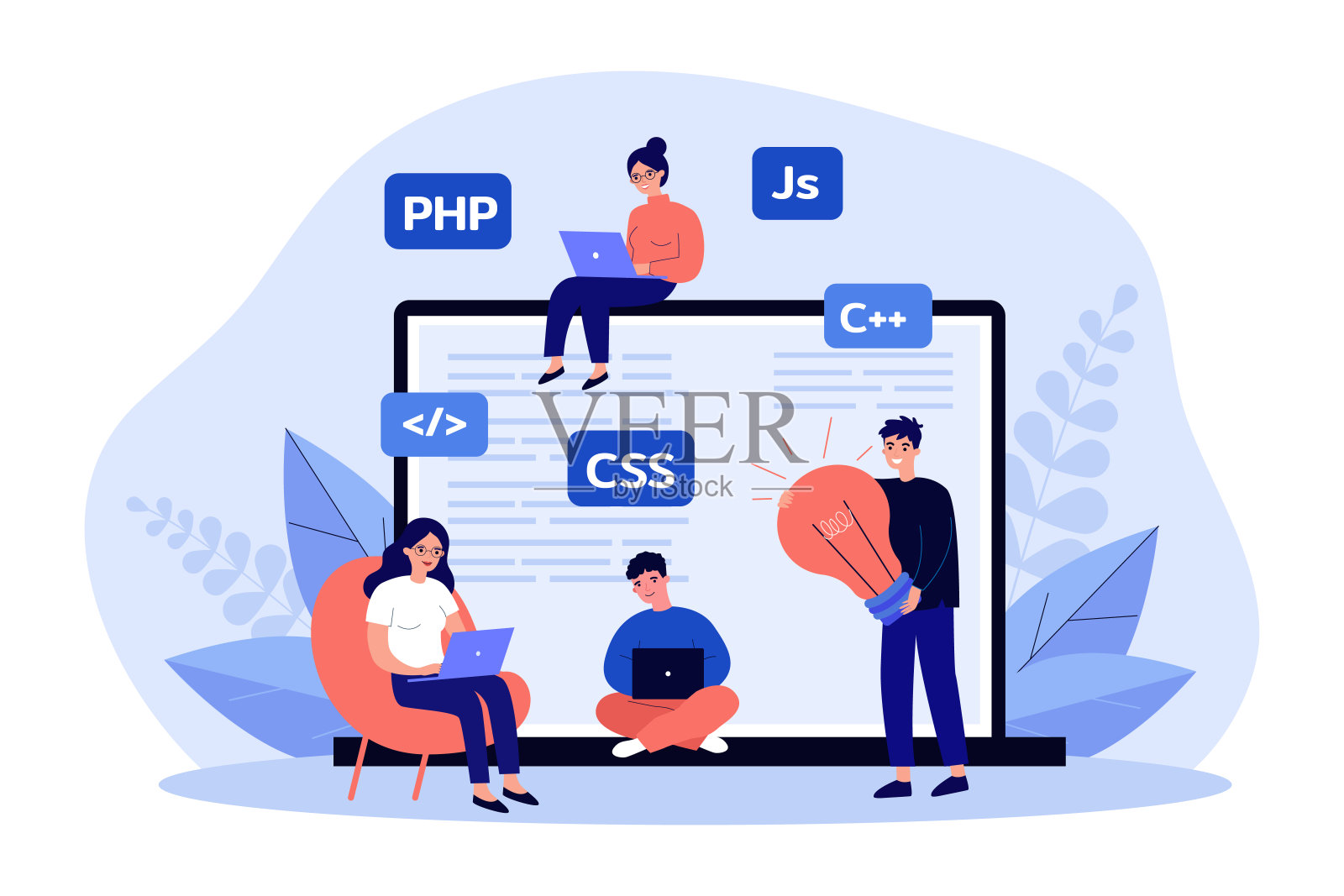 一群小程序员在笔记本电脑前编程插画图片素材