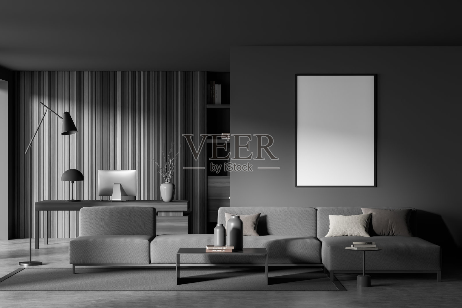 昏暗的商务经理室内部配有家具和电脑。模型的海报照片摄影图片