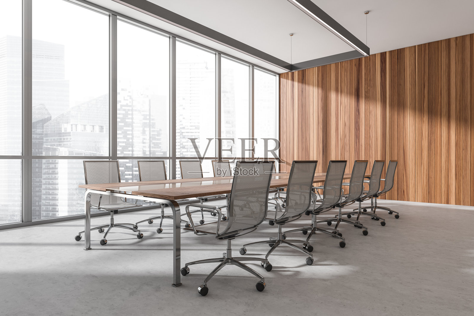 会议室内部配有家具和城市全景窗户照片摄影图片