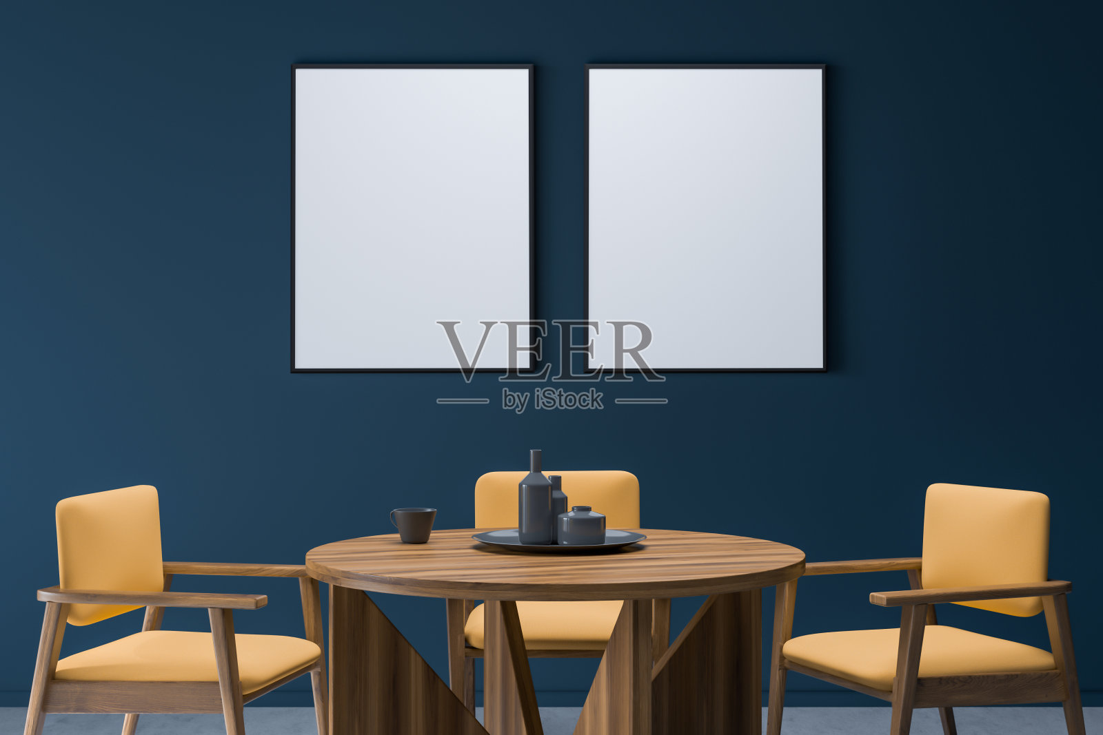 蓝黄相间的餐厅，还有两幅空画布照片摄影图片