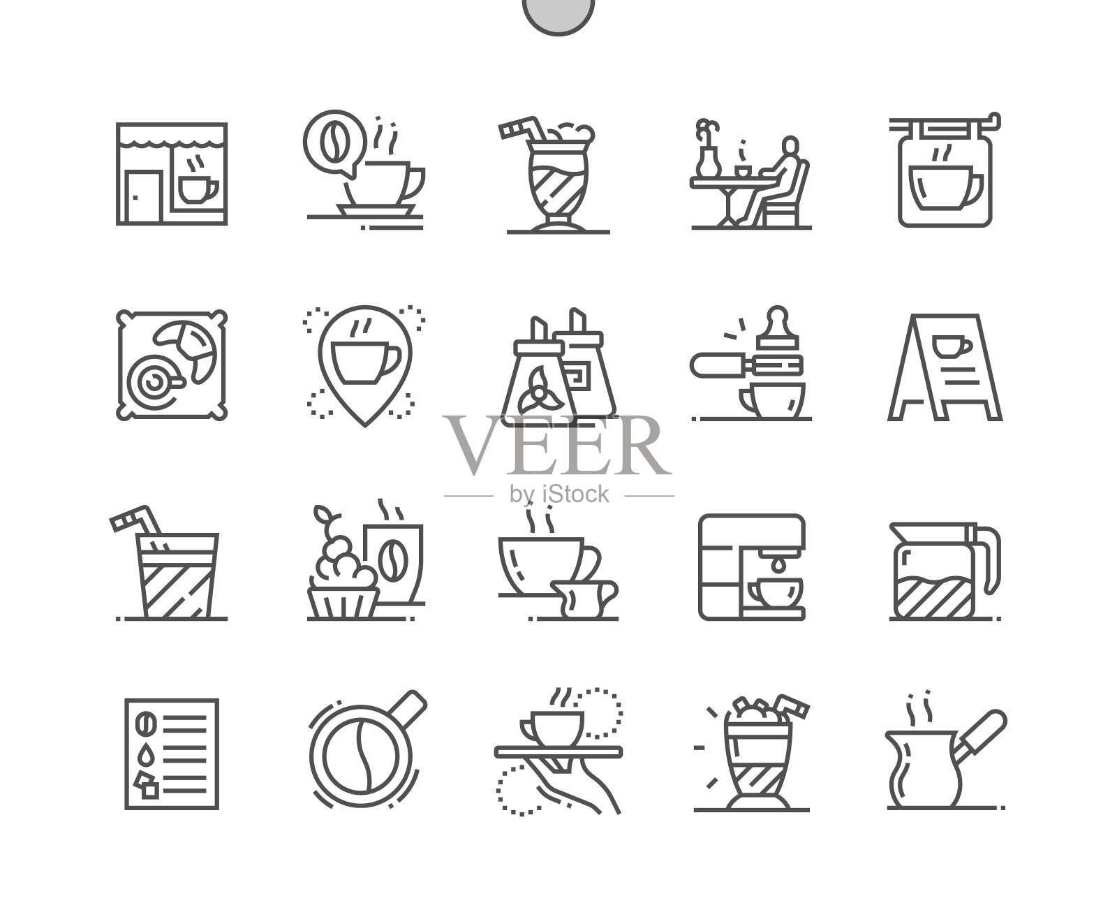 咖啡馆。咖啡和羊角面包。咖啡馆的位置。咖啡馆。制作咖啡。像素完美向量细线图标。简单的最小的象形图插画图片素材