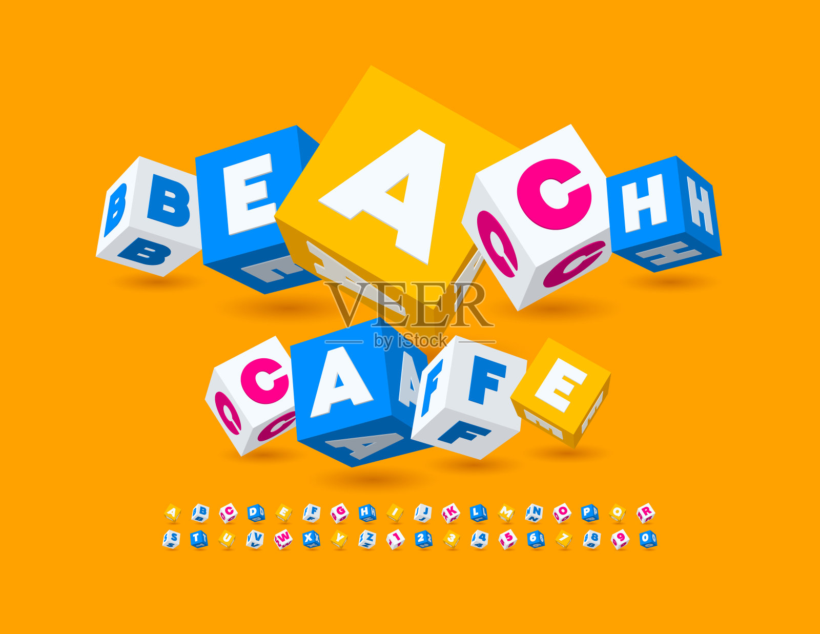 矢量彩色横幅海滩咖啡馆。明亮的方块字母和数字集插画图片素材