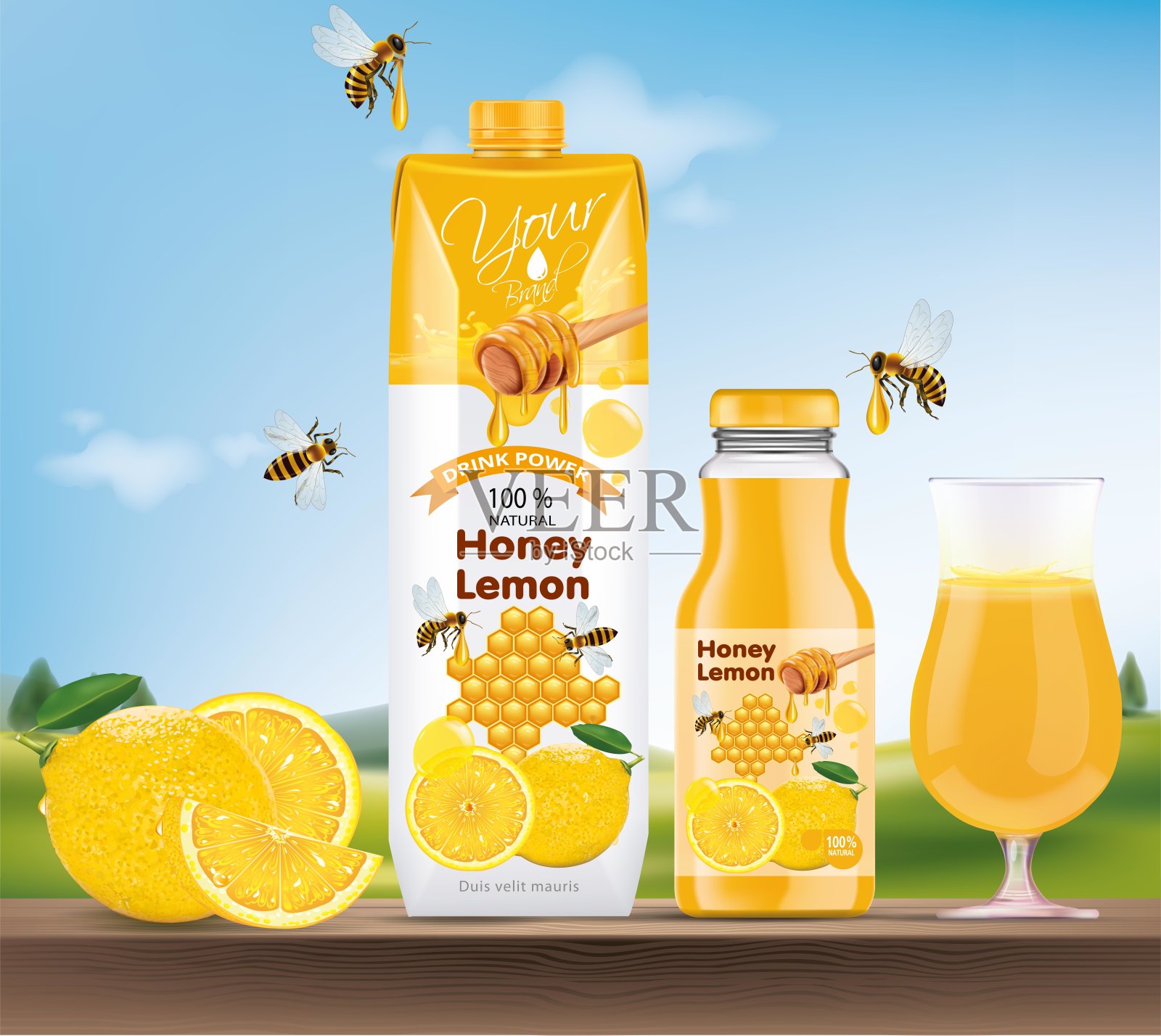 野花蜂蜜产品包装设计插图与蜂蜜勺和滴液。插画图片素材