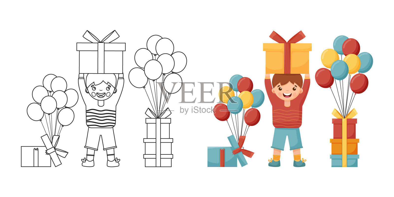 卡通男孩的节日礼物。的生日。儿童涂色书。矢量图插画图片素材
