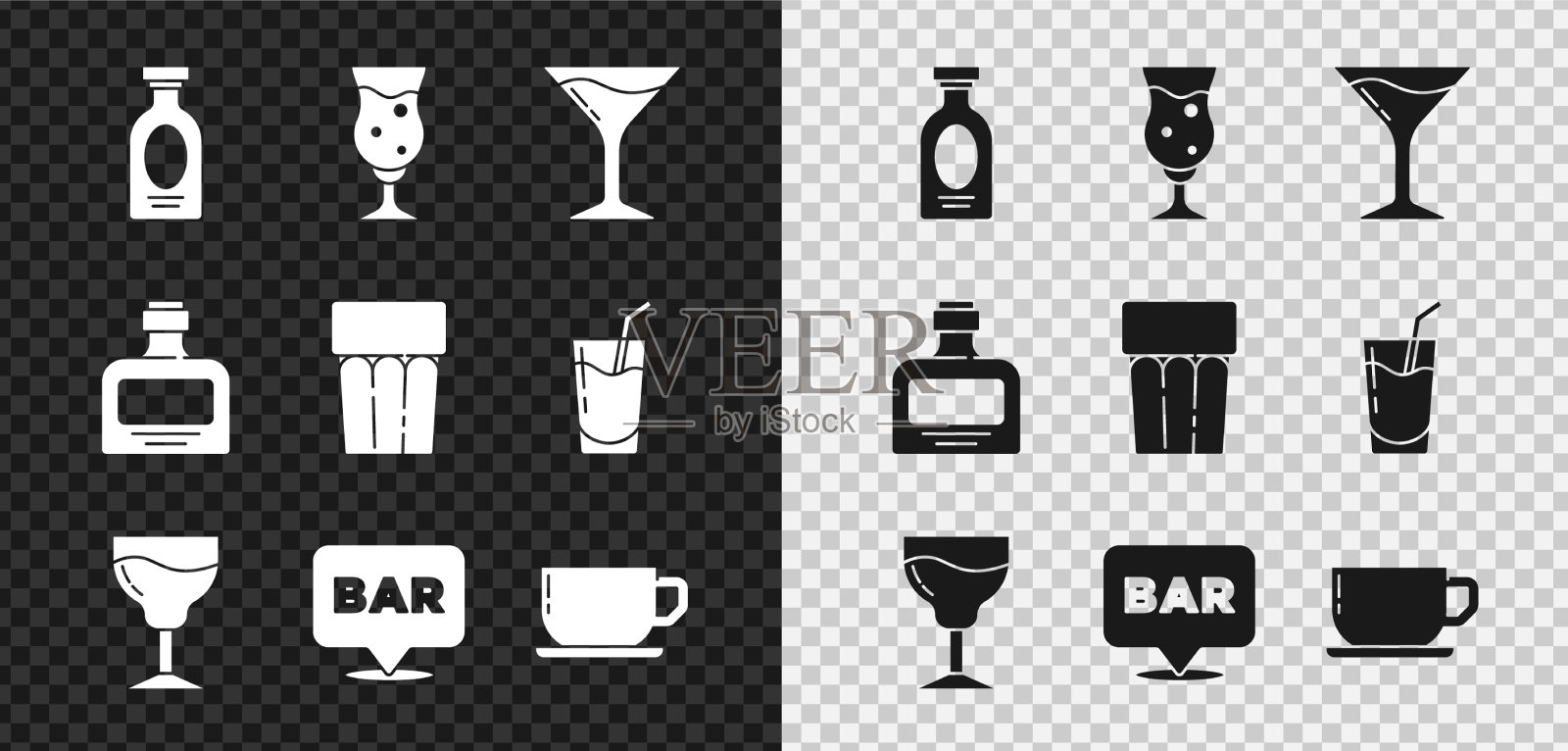 设置酒精饮料朗姆酒杯，啤酒马提尼图标素材