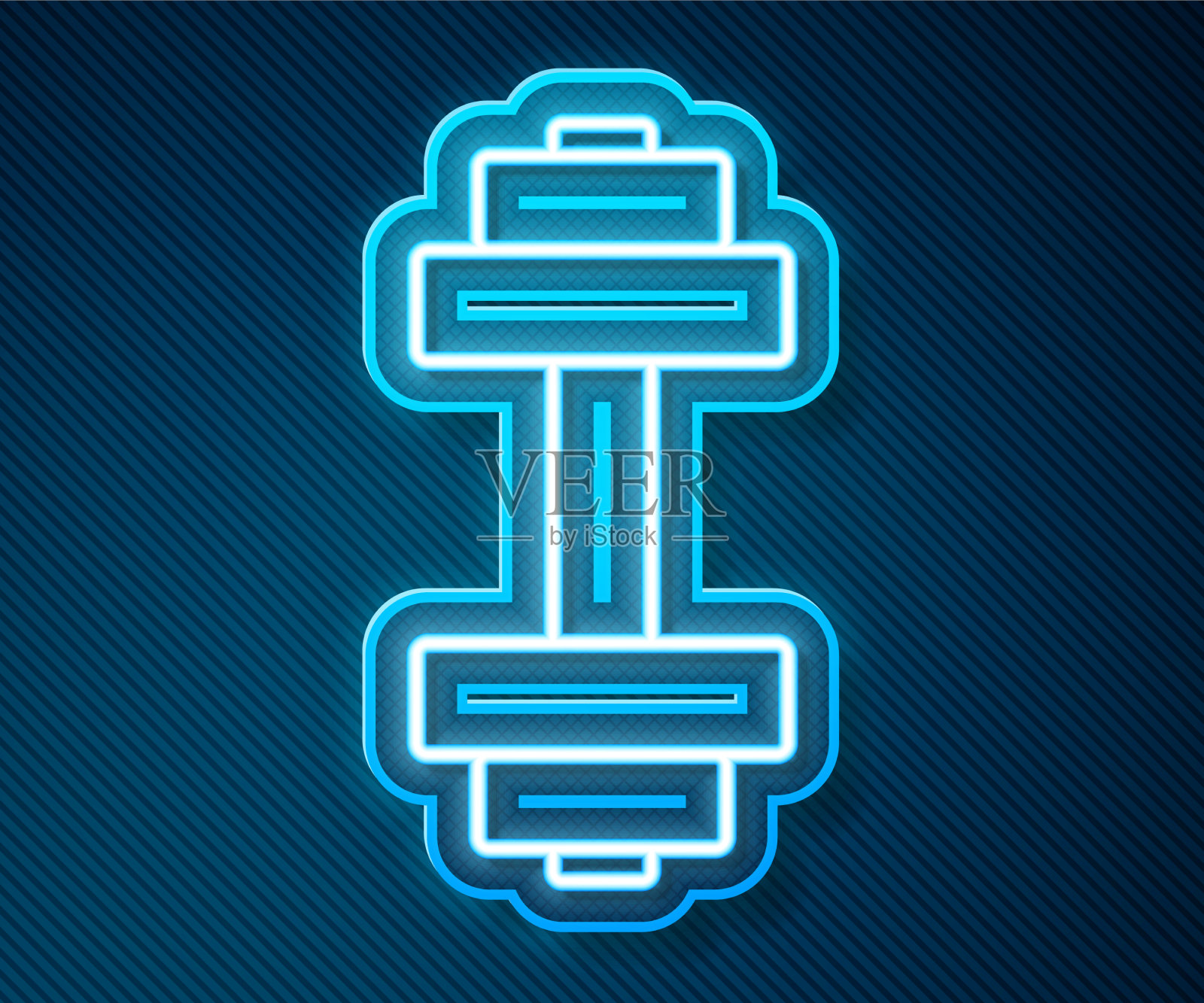 发光的霓虹灯线哑铃图标孤立在蓝色图标素材