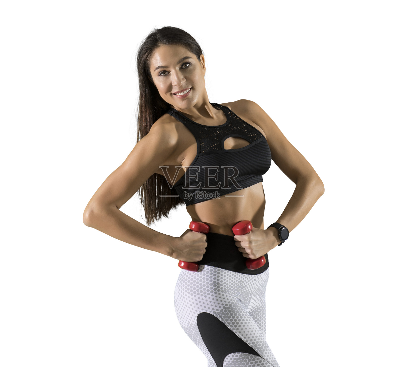 带着红色哑铃的运动女人照片摄影图片