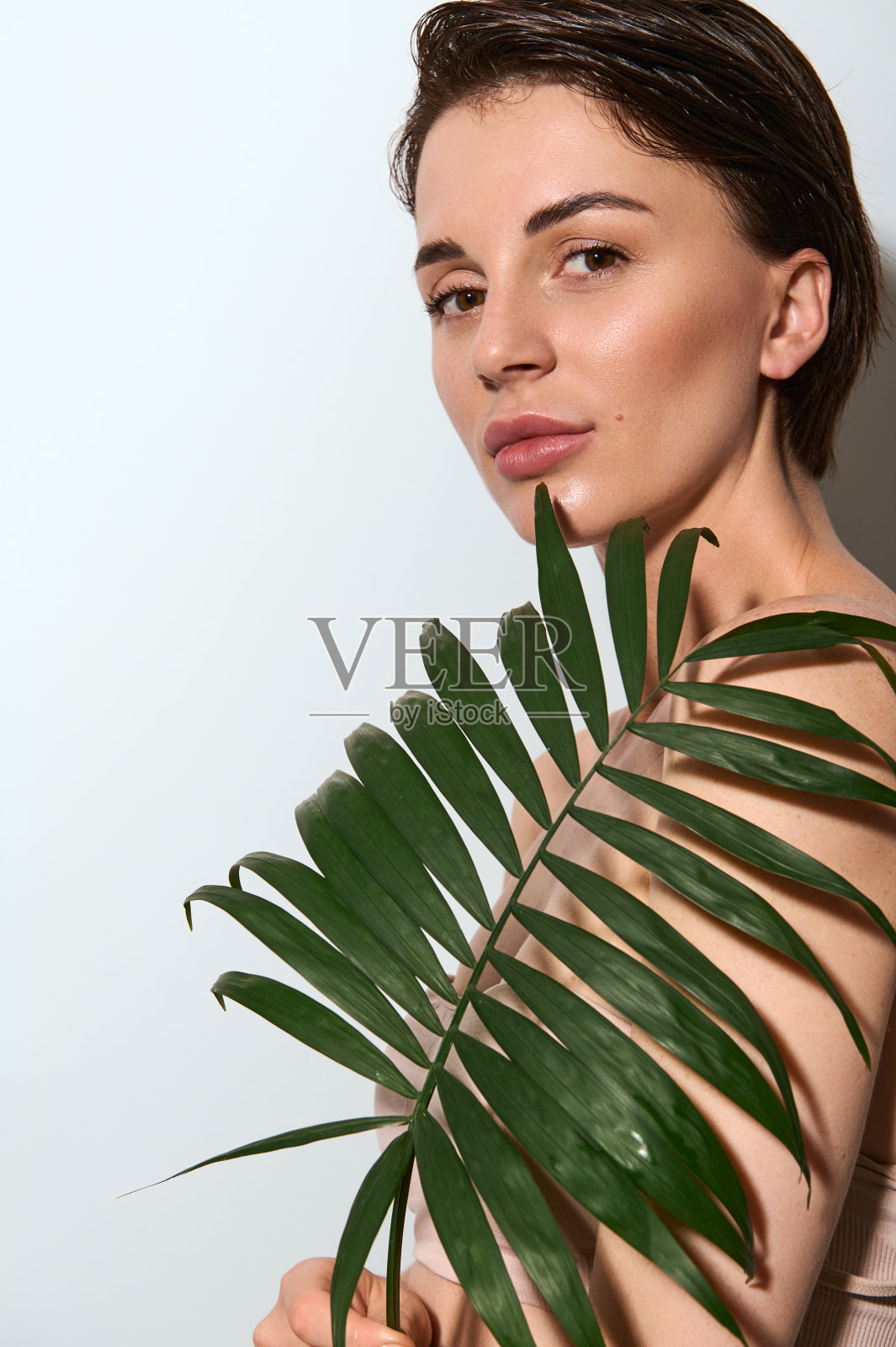 迷人优雅的自然美女在米色内衣摆姿势与异国情调棕榈叶，站在白色背景与复制空间的四分之三照片摄影图片