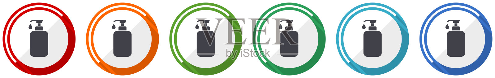 液体肥皂瓶，手清洁剂平面设计矢量插图在6种颜色的选择网页设计和移动应用程序插画图片素材