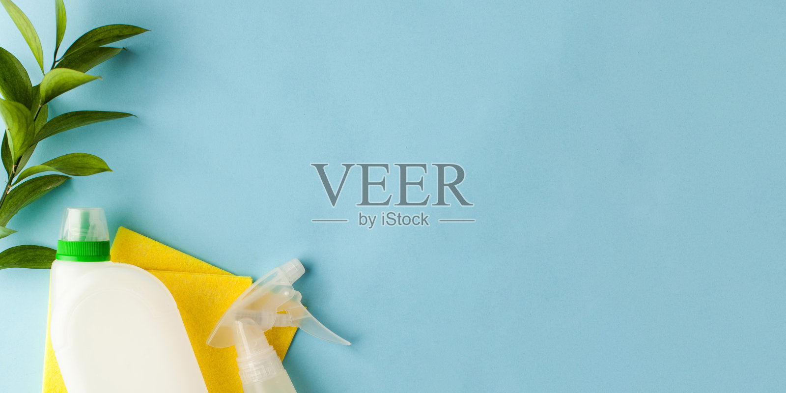 蓝色背景上的清洁剂，抹布和绿色植物。环保清洁的概念。本空间照片摄影图片