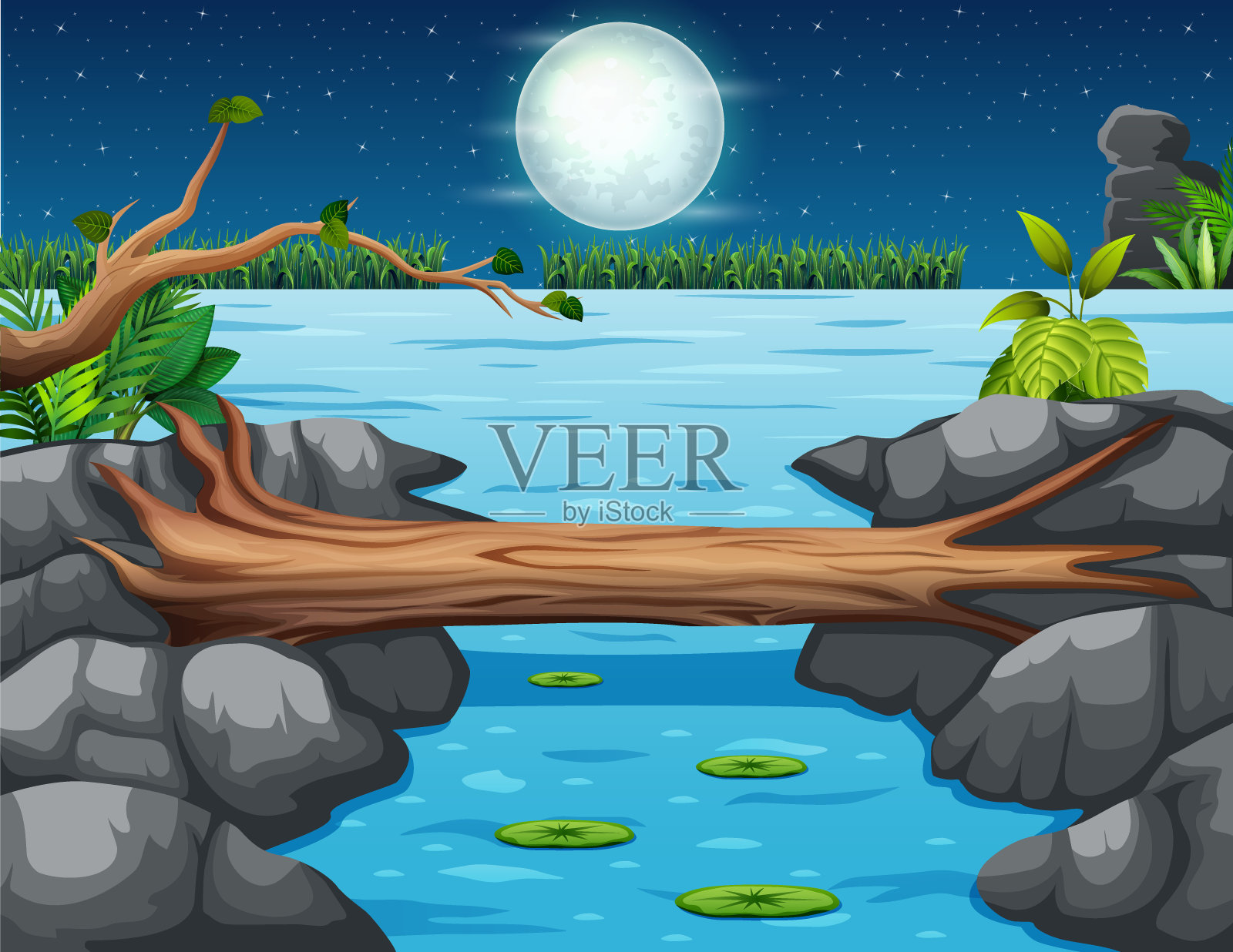 河上的木桥夜景插画图片素材