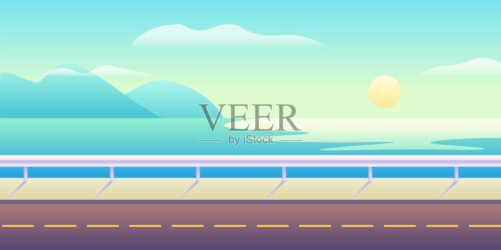 高速公路在海边。柏油路与标记沿着海岸五颜六色的蓝色波浪插画图片素材