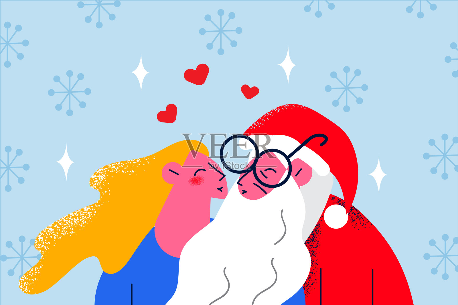 圣诞老人亲吻微笑的年轻女子插画图片素材