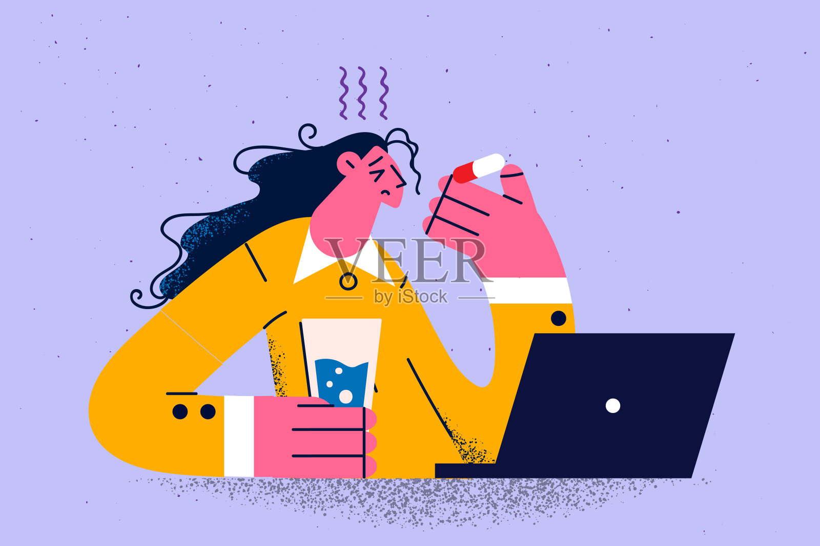 不健康的女人吃着药在电脑上工作插画图片素材
