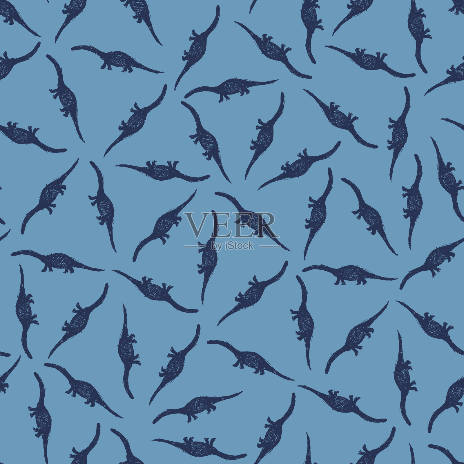 矢量蓝简单恐龙雷龙散重复图案。非常适合纺织，礼品包装和墙纸。插画图片素材