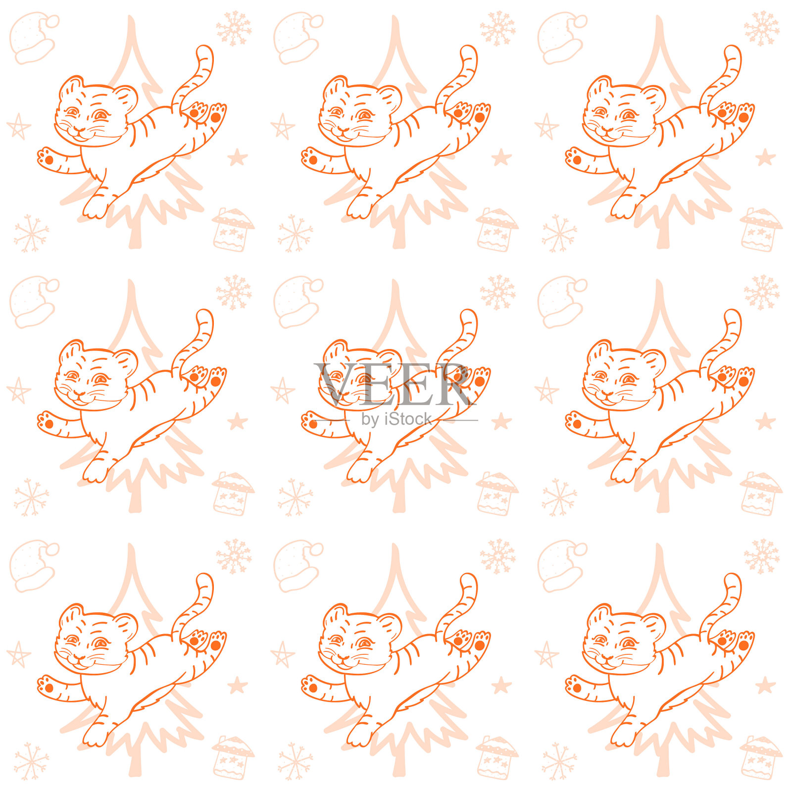 无缝图案与橙色的老虎，圣诞树和姜饼饼干在白色的背景。插画图片素材