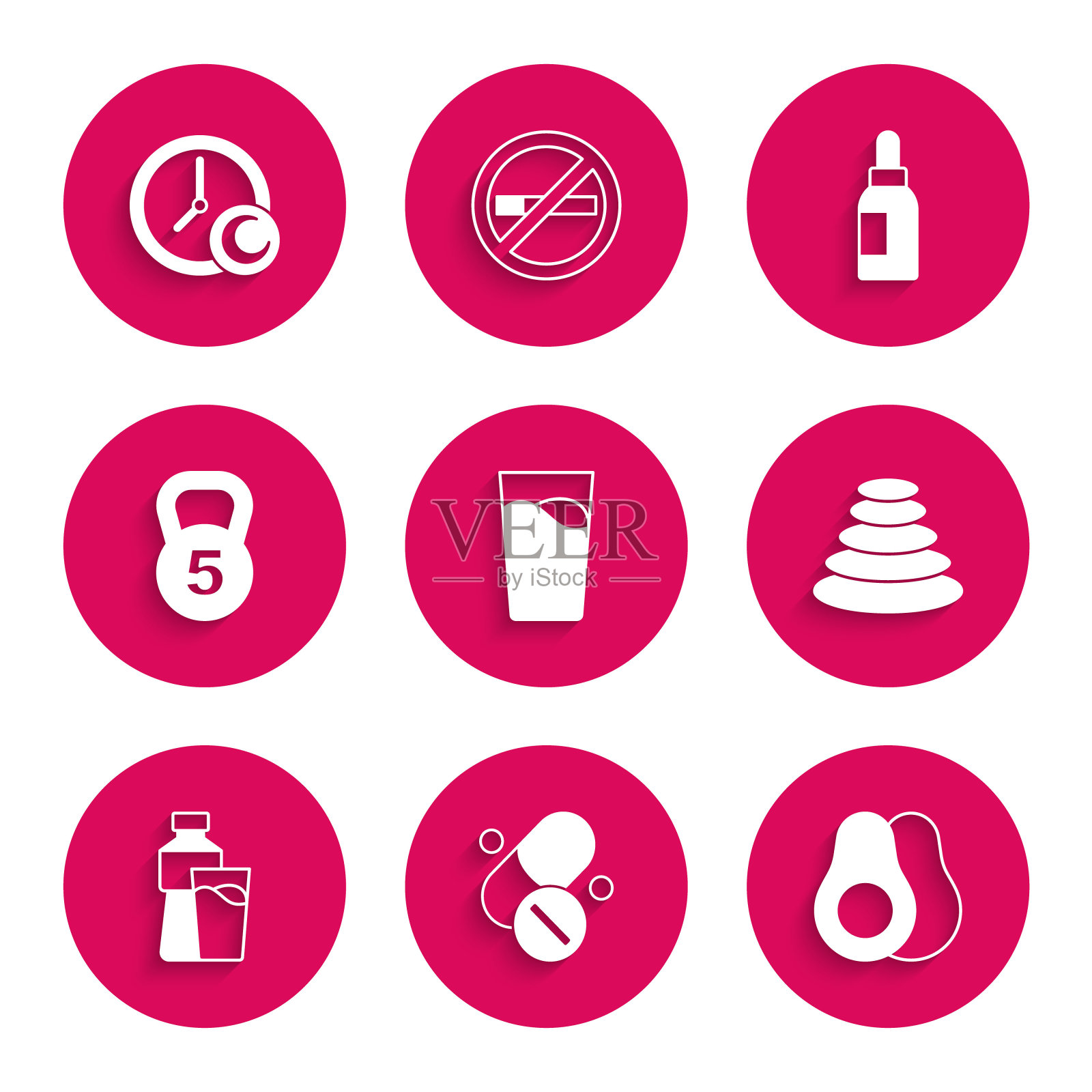 Set Glass with water, Vitamin pill, Avocado fruit, Stack hot stones, Bottle of Glass, Weight, Essential oil Bottle and Time sleep icon。向量图标素材