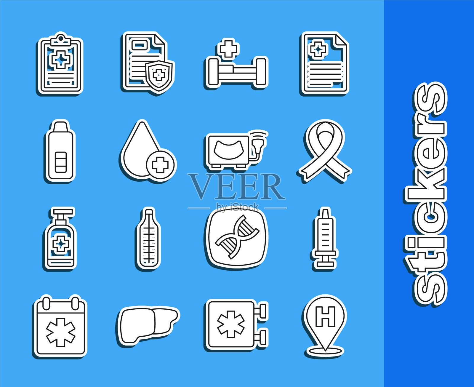 设置线定位医院，注射器，意识彩带，医院病床，滴血，数字温度计，病人记录和超声波图标。向量图标素材