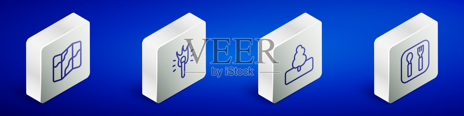 在地图上设置露营和远足等距线图标素材