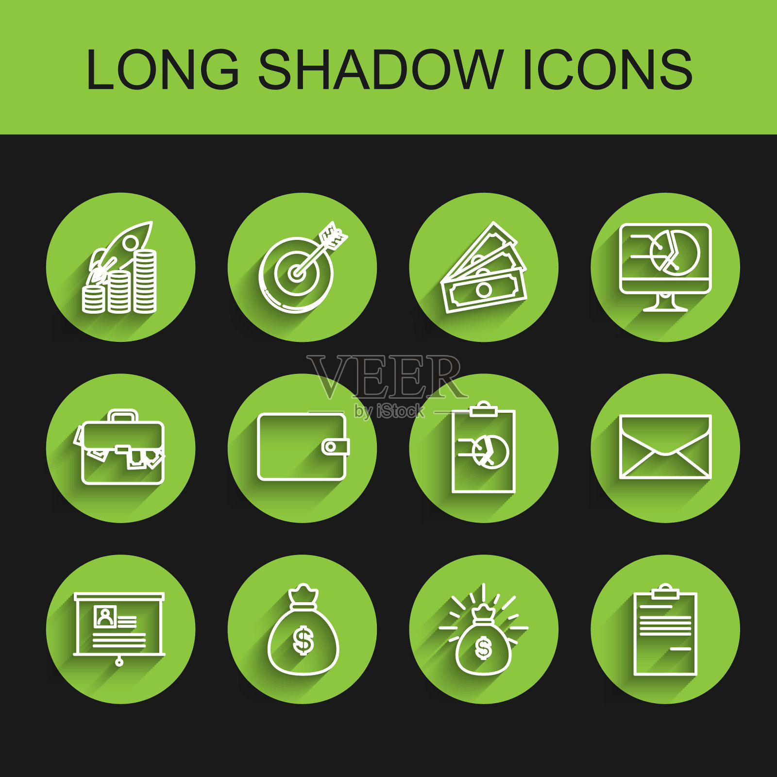 设置线板与简历，钱袋，火箭飞硬币增长图表，文件，钱包，信封和剪贴板图形图标。向量图标素材