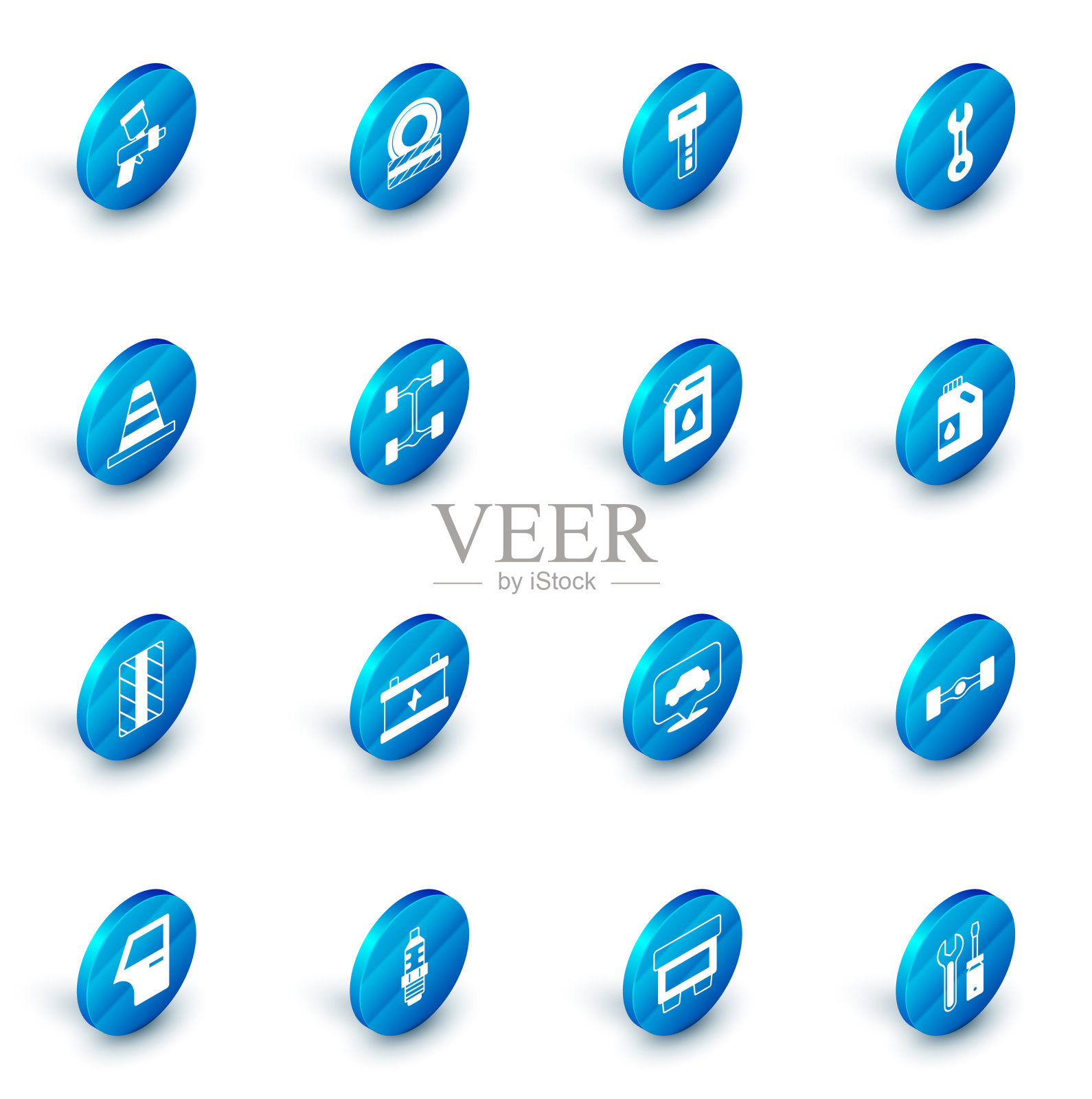 设置汽车轮胎轮、遥控键、扳手、交通锥、底盘车、机油罐和图标。向量图标素材