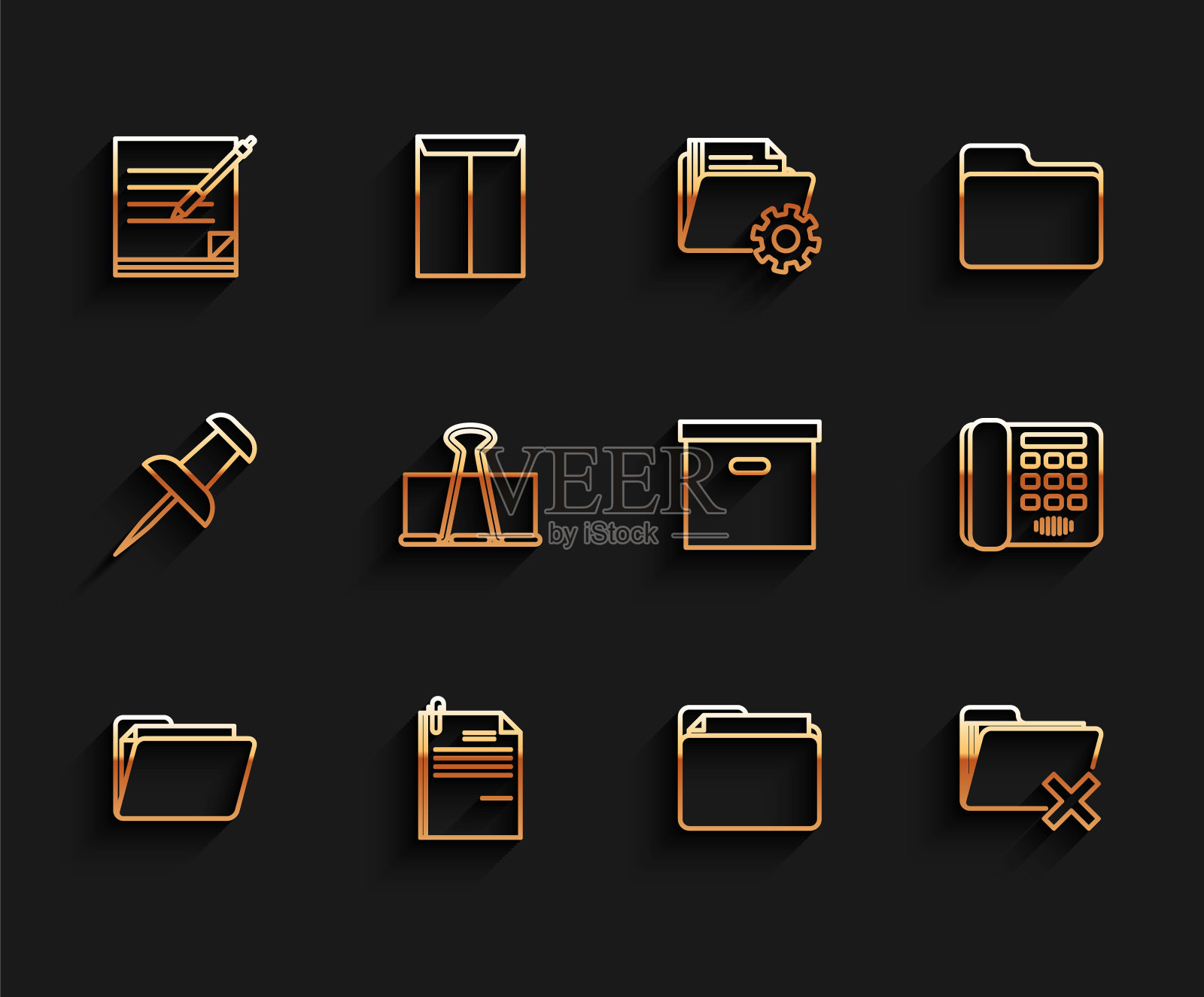 设置线文件夹，文件和回形针，空白笔记本笔，删除，活页夹，电话和纸箱纸箱图标。向量图标素材