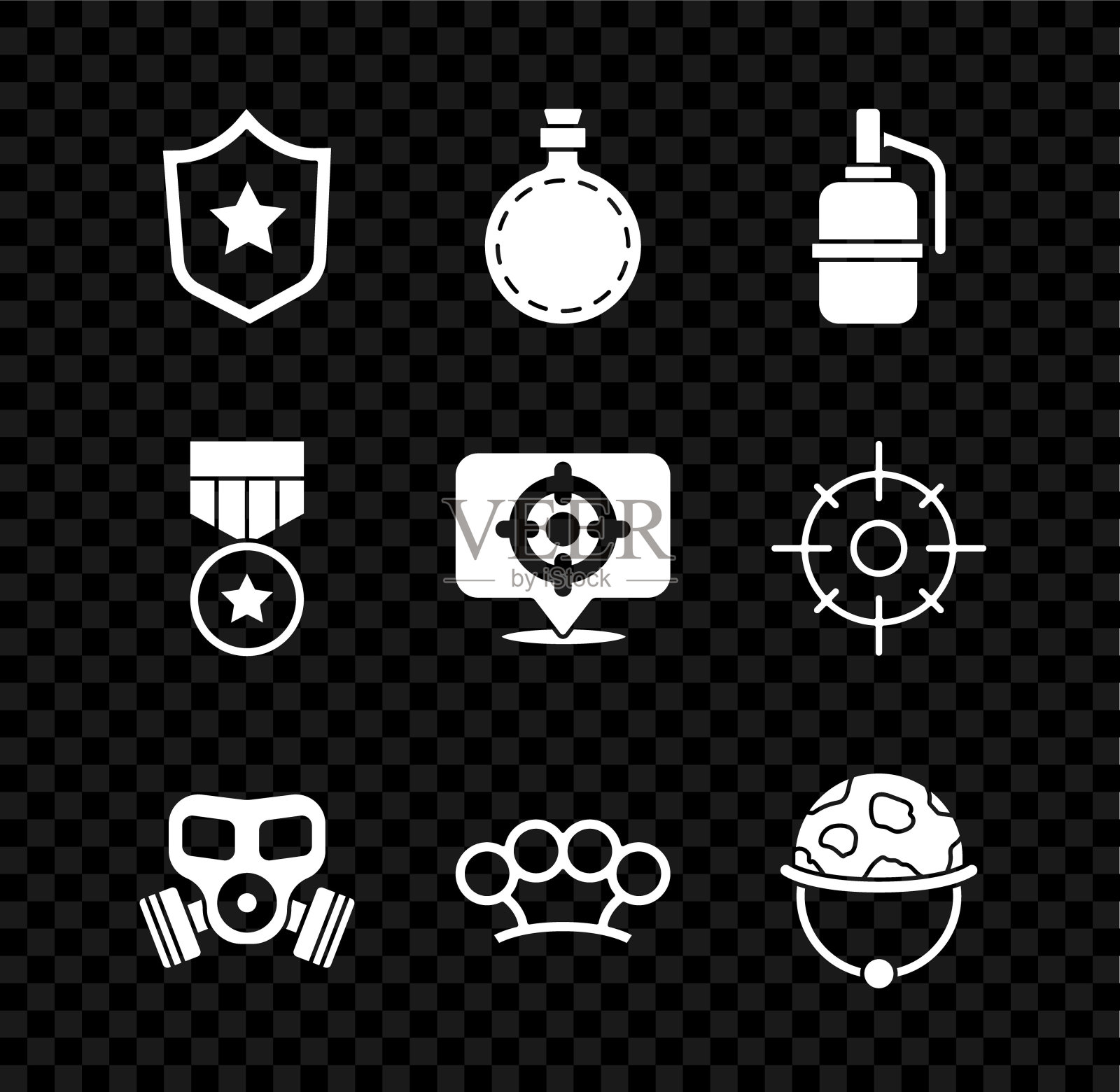 设置军事奖励奖章，水壶水瓶，手雷，防毒面具，铜指关节，头盔，目标运动图标。向量图标素材