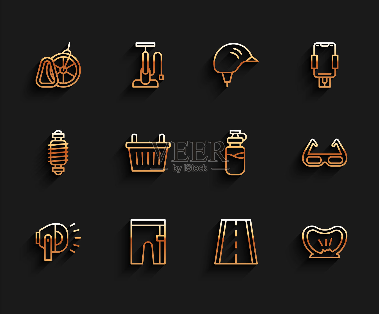 设置线自行车头灯，自行车短裤，停车，车道，刺破的轮胎，篮子，运动自行车太阳镜和瓶子与水的图标。向量图标素材