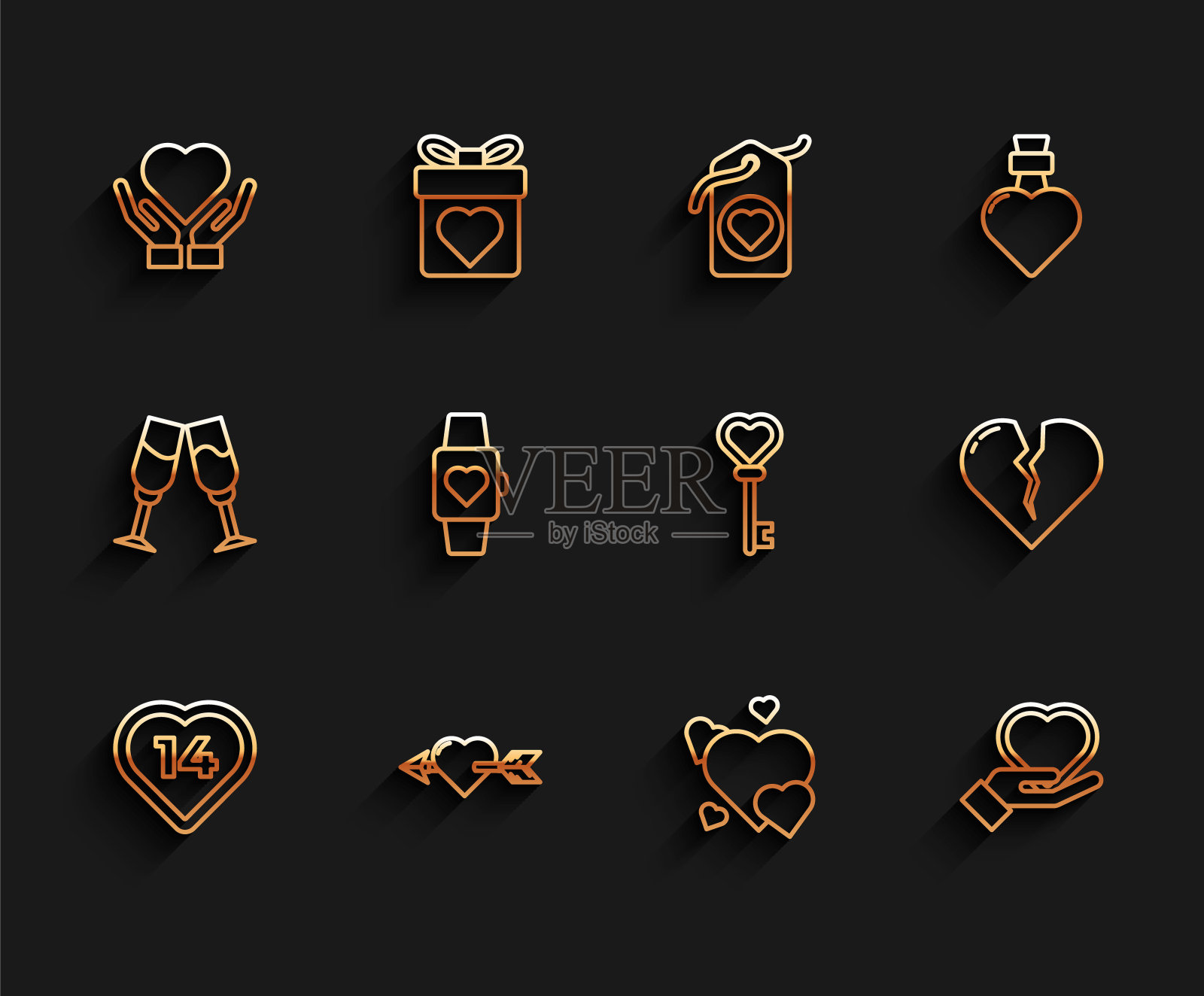 设置线心，爱与心和箭，在手上，在腕表的中心，破碎或离婚和钥匙形状的图标。向量图标素材