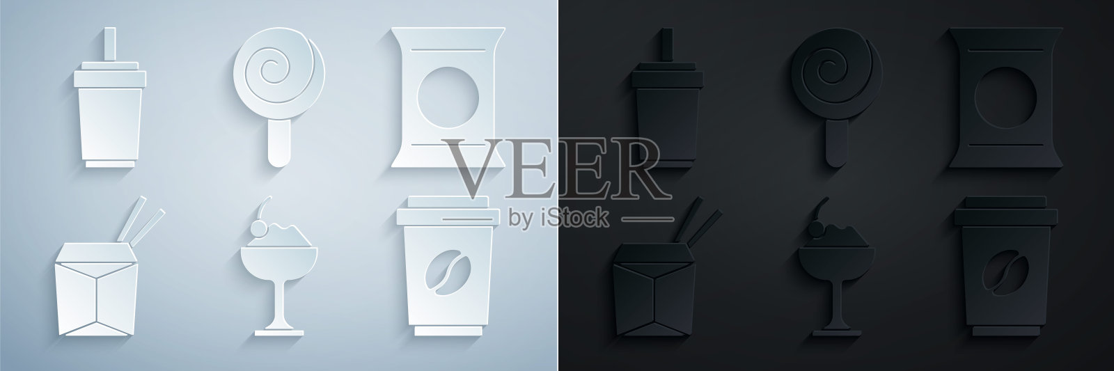 冰淇淋装在碗里，薯片袋或袋装，亚洲面条和筷子，咖啡杯，棒棒糖和纸杯，吸管图标。向量图标素材