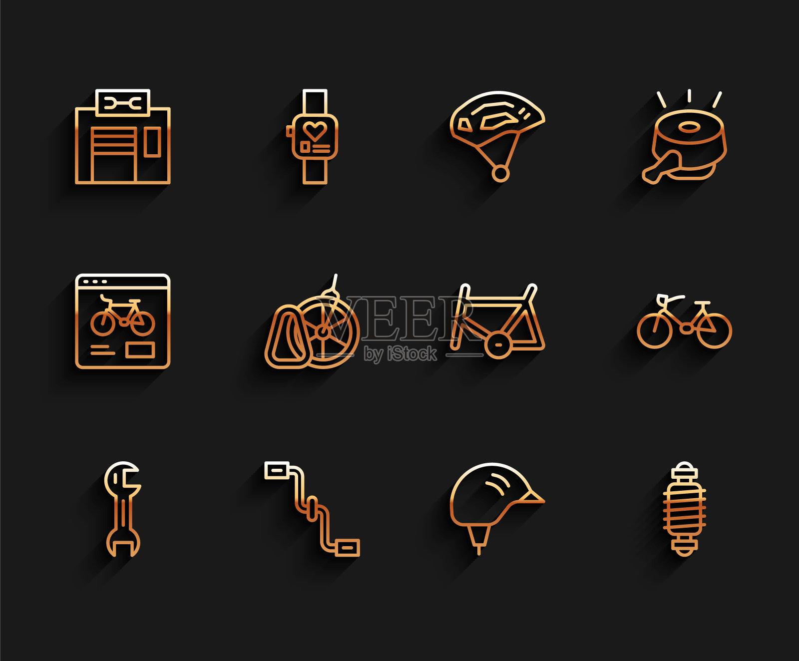 设置线扳手扳手，自行车踏板，维修服务，头盔，悬挂，停车，框架图标。向量图标素材