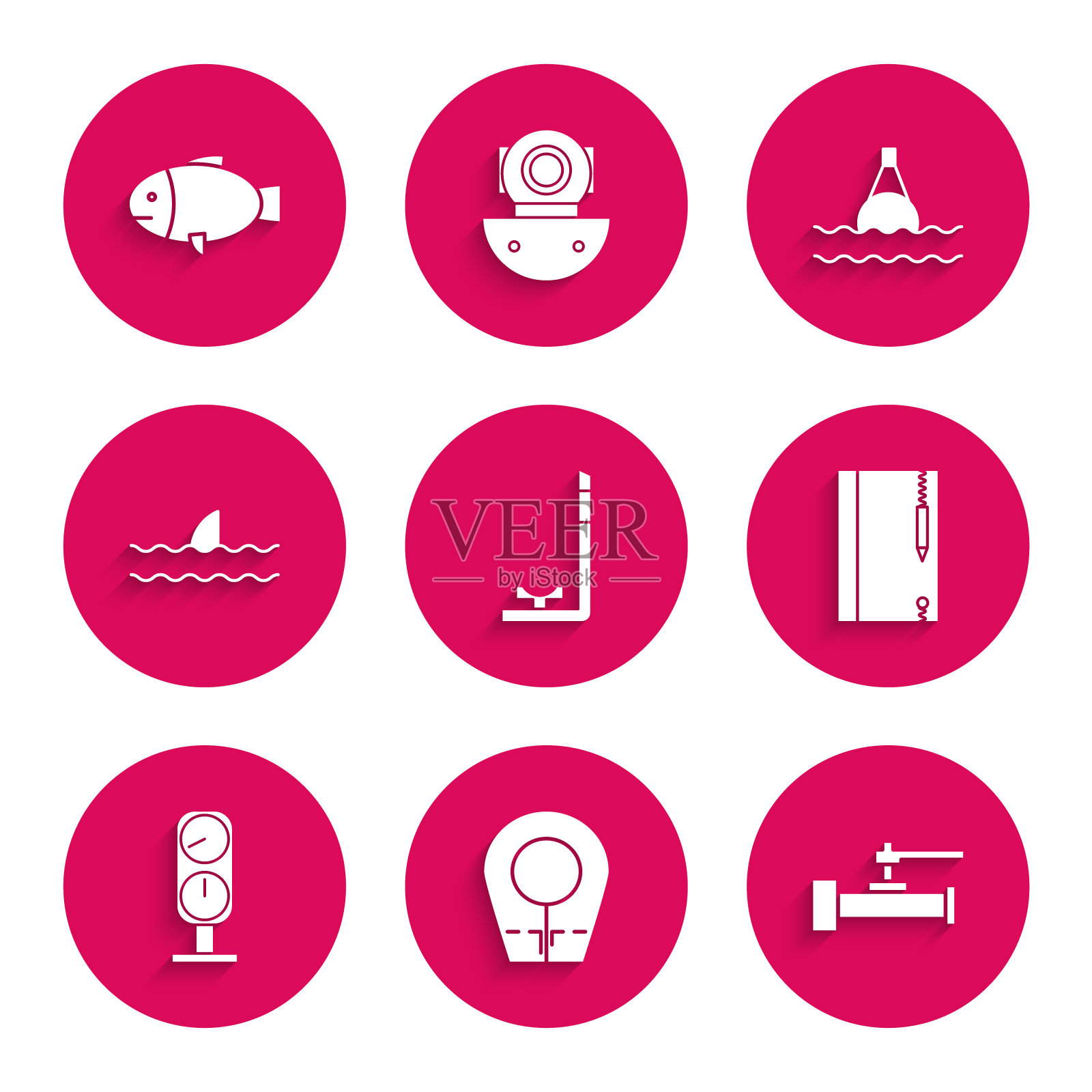 设置通气管，潜水罩，工业金属管道和阀门，水下笔记本铅笔，标尺，鲨鱼鳍海浪，海上漂浮浮标和鱼的图标。向量图标素材