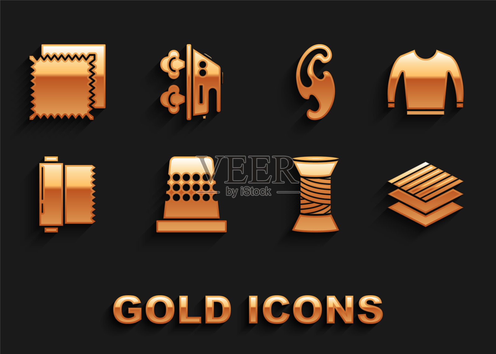 设置缝纫用的顶针、毛衣、纺织织物卷、线轴上的缝纫线、法式曲线和电熨斗图标。向量图标素材