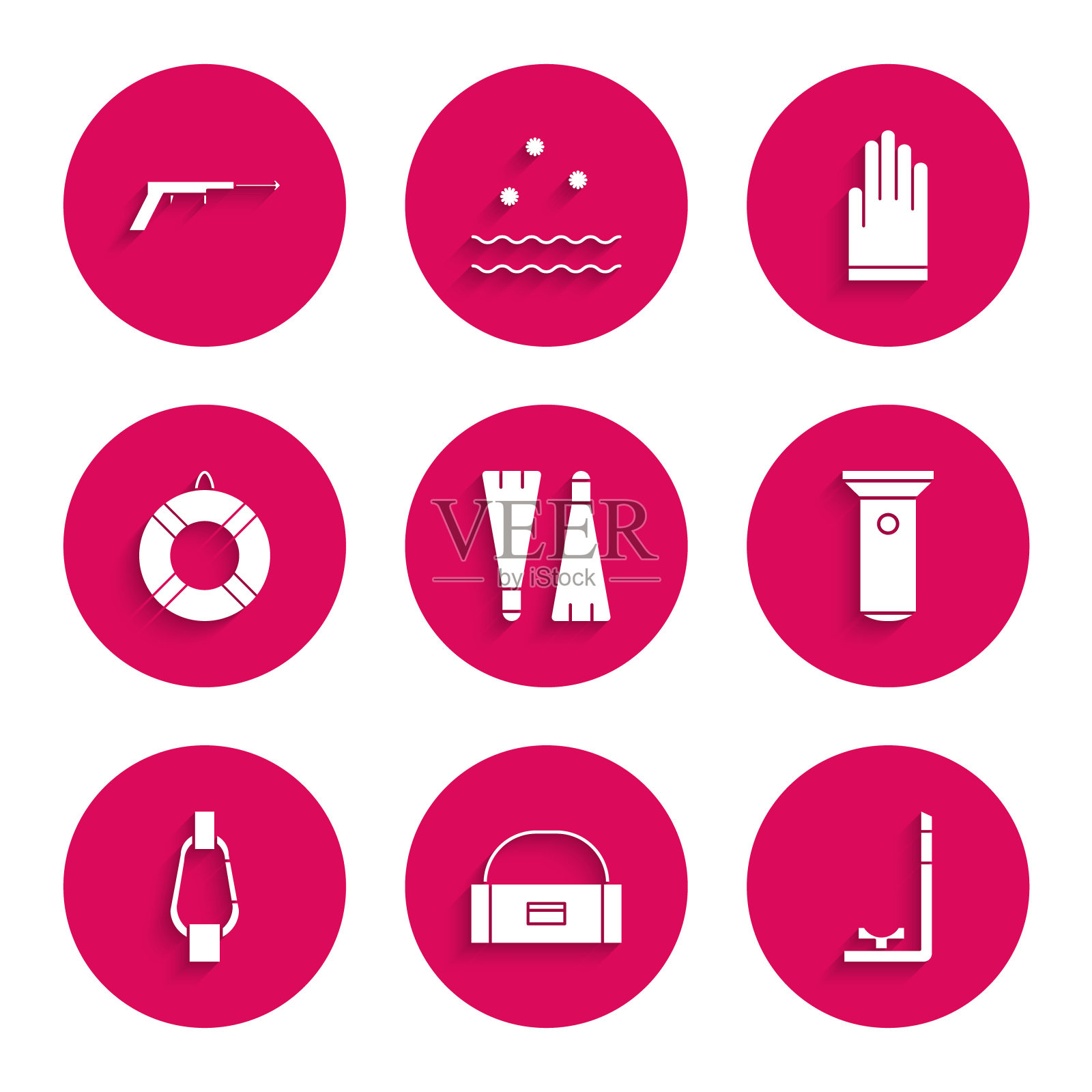 设置橡胶脚蹼游泳，箱子集装箱摆动，通气管，手电筒，钩环，救生圈，手套和鱼叉图标。向量图标素材