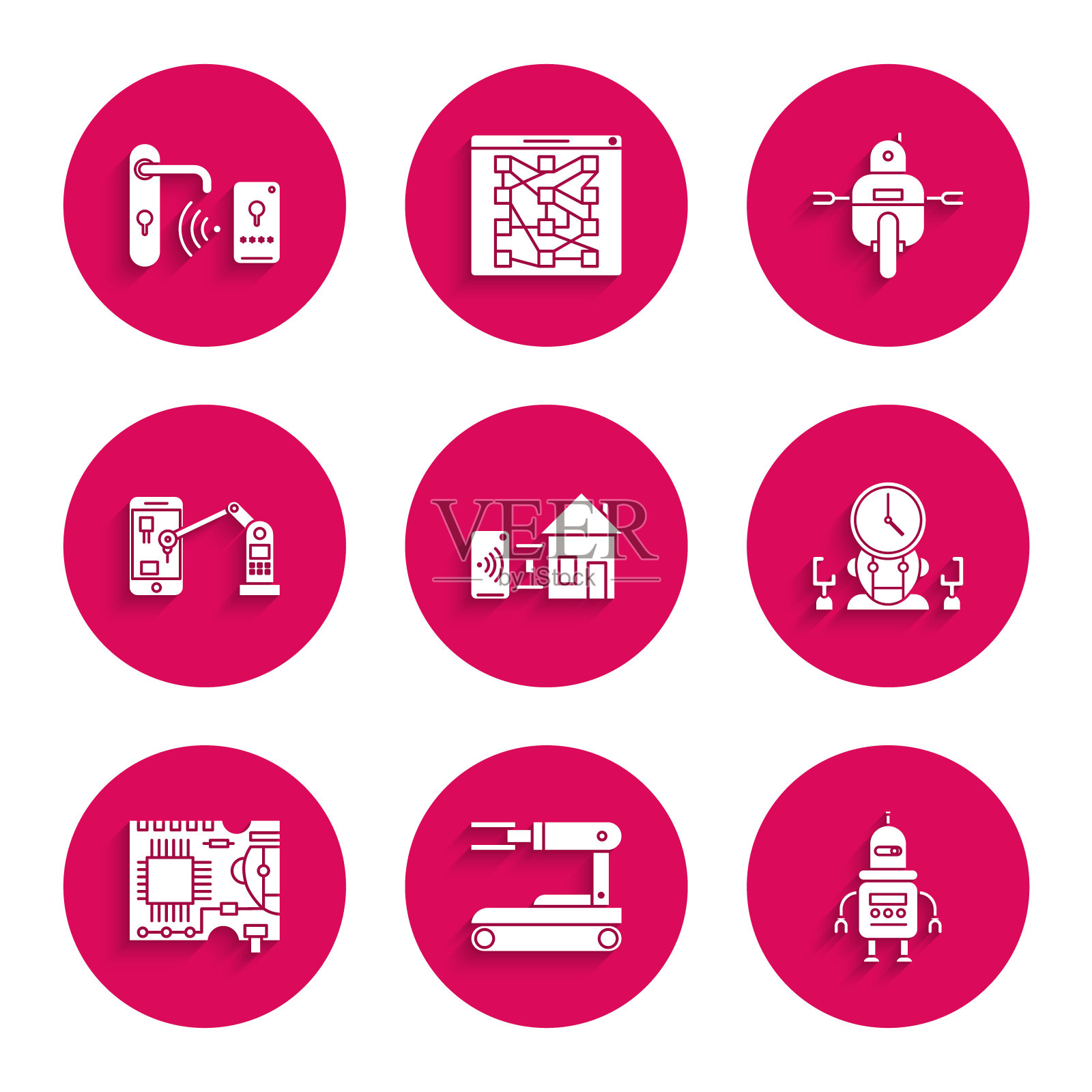 设置智能家居，机器人，数字时间管理器，印刷电路板PCB，工业机器机器人机械手，数字门锁与无线技术解锁图标。向量图标素材