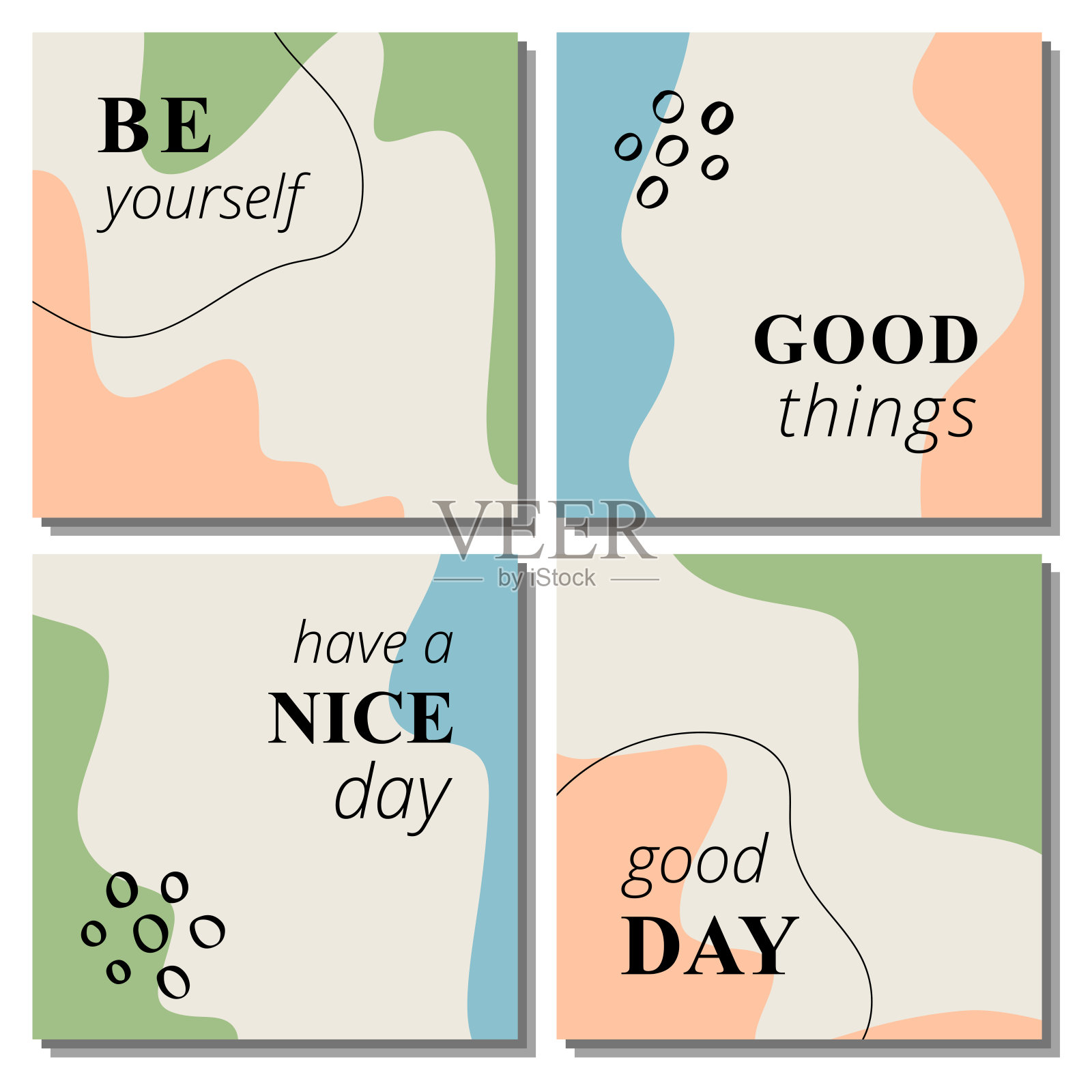 四个抽象背景的向量集。现代时尚的插图。平的风格。每个涂鸦对象都是孤立的。社交媒体，博客，帖子的现成模式。名片、婚礼请柬、海报、横幅设计。插画图片素材