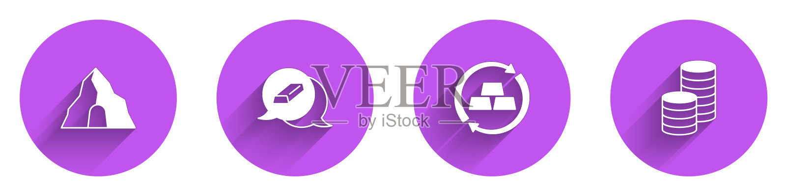 设置有长影子的金矿、金条、兑换货币和硬币图标。向量图标素材